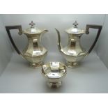 A Walker & Hall silver Art Deco coffee pot, water jug and sugar bowl, 1340g