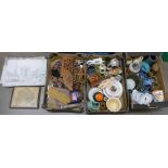 Three boxes of china and stoneware and a collection of wooden items and prints of Nottingham **