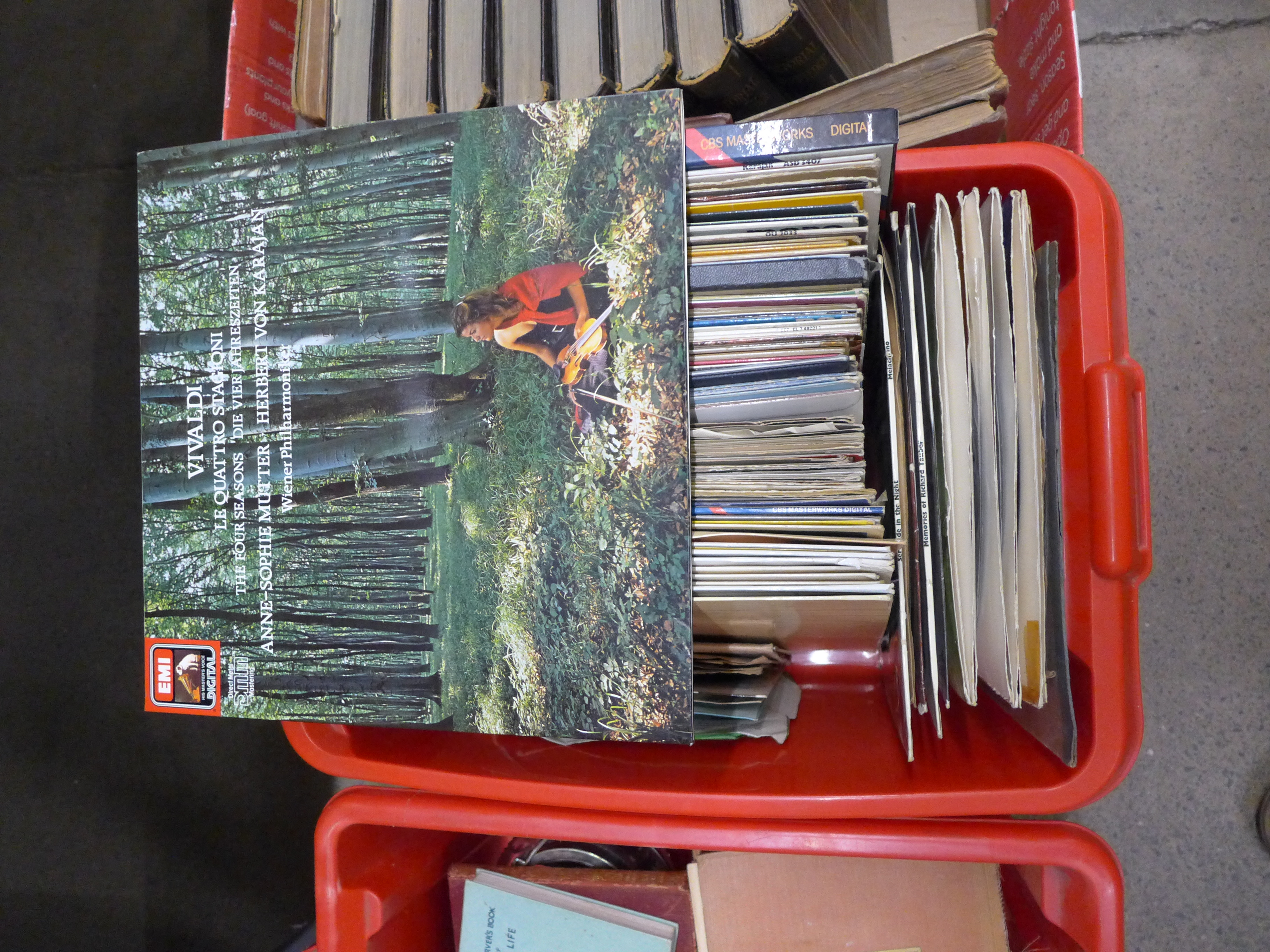 A box of silver plate, LP records and 7" singles and books, including Pictorial Knowledge and - Image 3 of 5