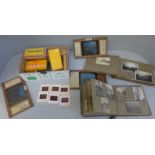 Five coloured magic lantern slides including The Rhine, Switzerland and Suez Canal, ten boxes