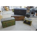 A Victorian mahogany box, a leather and brass bound jewellery box and two others