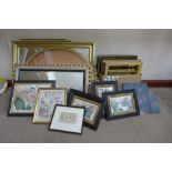 A quantity of assorted gilt frames, mirrors and prints, etc., including humorous 18th Century French