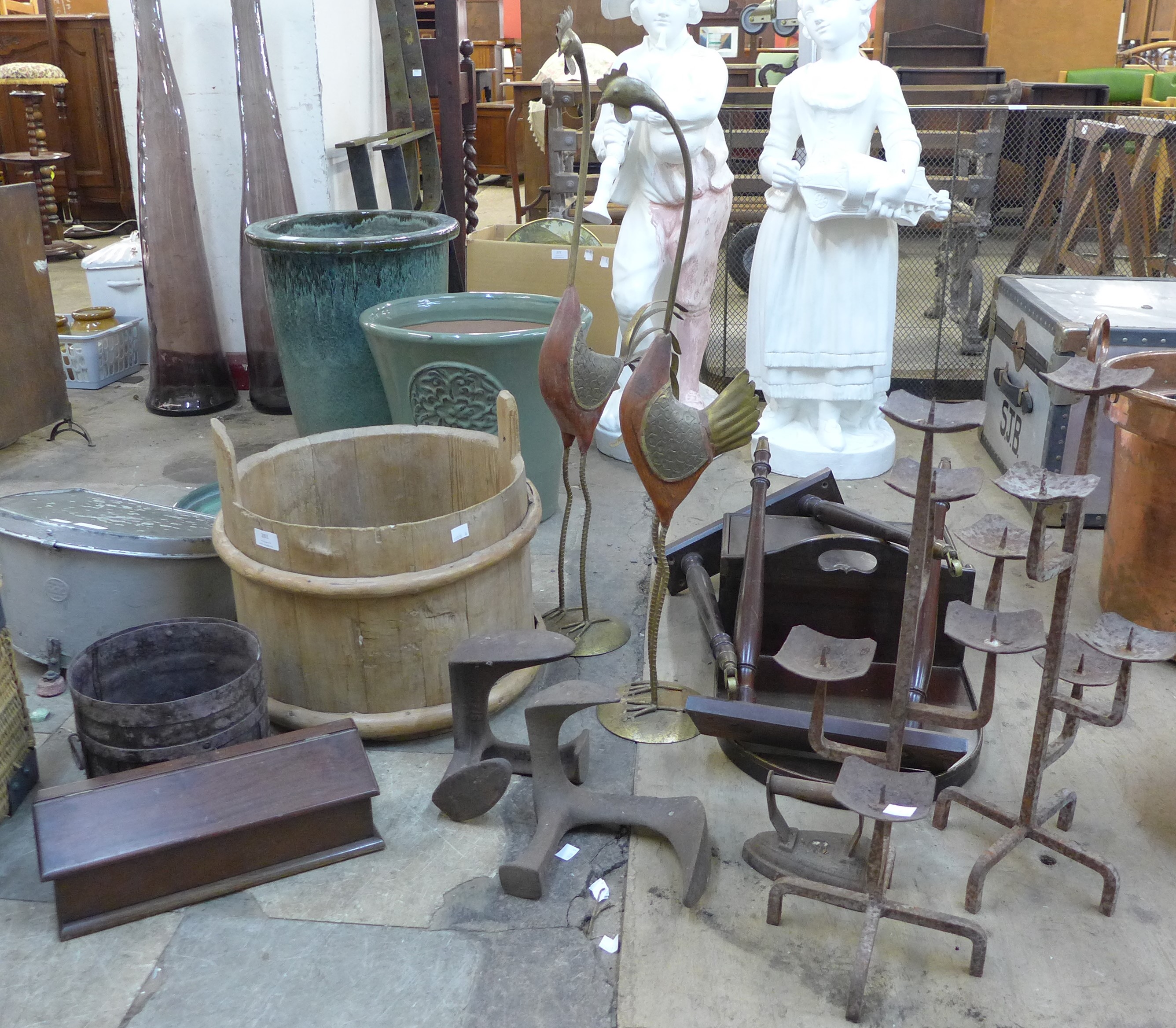A vintage bamboo rice bucket, a pair of cast iron candle stands, cobblers lasts, etc.