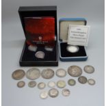 Silver coins including The Royal Mint 1995 UK silver proof £1 coin, The Three Faces of Queen