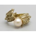 A 9ct gold and pearl ring, lacking one pearl, 5.8g, P