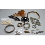 A silver bangle, a yellow metal bar brooch, a pair of silver earrings, a/f, a string of pearls