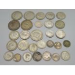 Silver coins including George V florins, 130g
