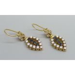 A pair of 9ct gold earrings set with sapphires and white stones, 5.7g