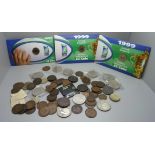 Six commemorative £5 coins, 1999 RWC commemoratives and 19th Century coins