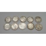 Nine Victorian silver 3d coins and one other 19th Century silver coin