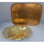 A rectangular copper tray, 44 x 33.5cm, impressed mark to the back and a cast brass tray decorated