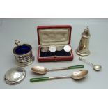 A pair of silver cufflinks made from William IV coins, a silver pepperette, a silver mustard and