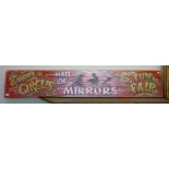 A painted wooden Zippos Circus Hall of Mirrors sign