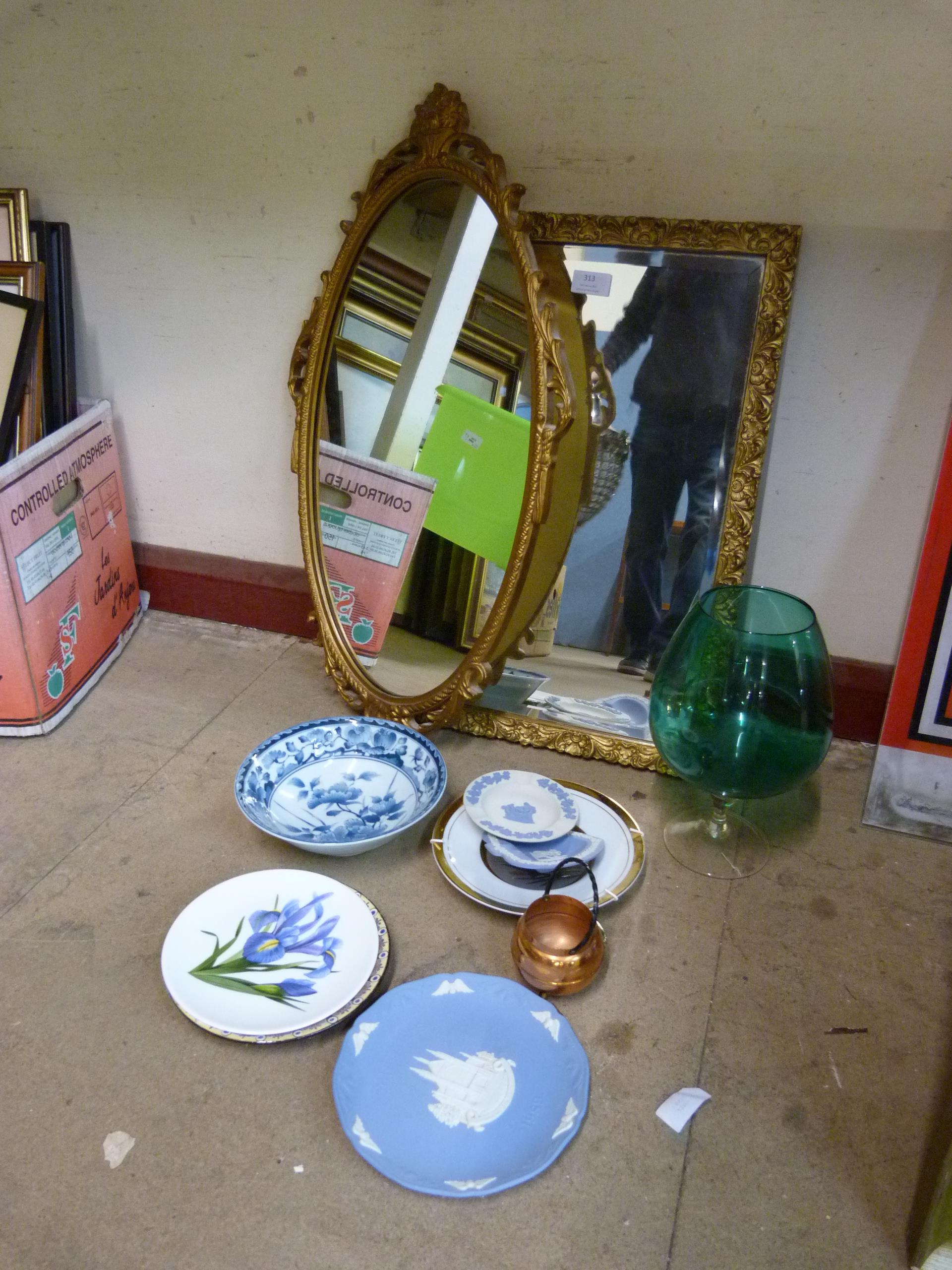 Two gilt wooden framed mirrors, a collection of china and a glass
