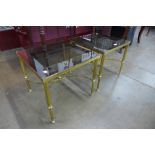 A pair of Italian style brass and glass topped square coffee tables