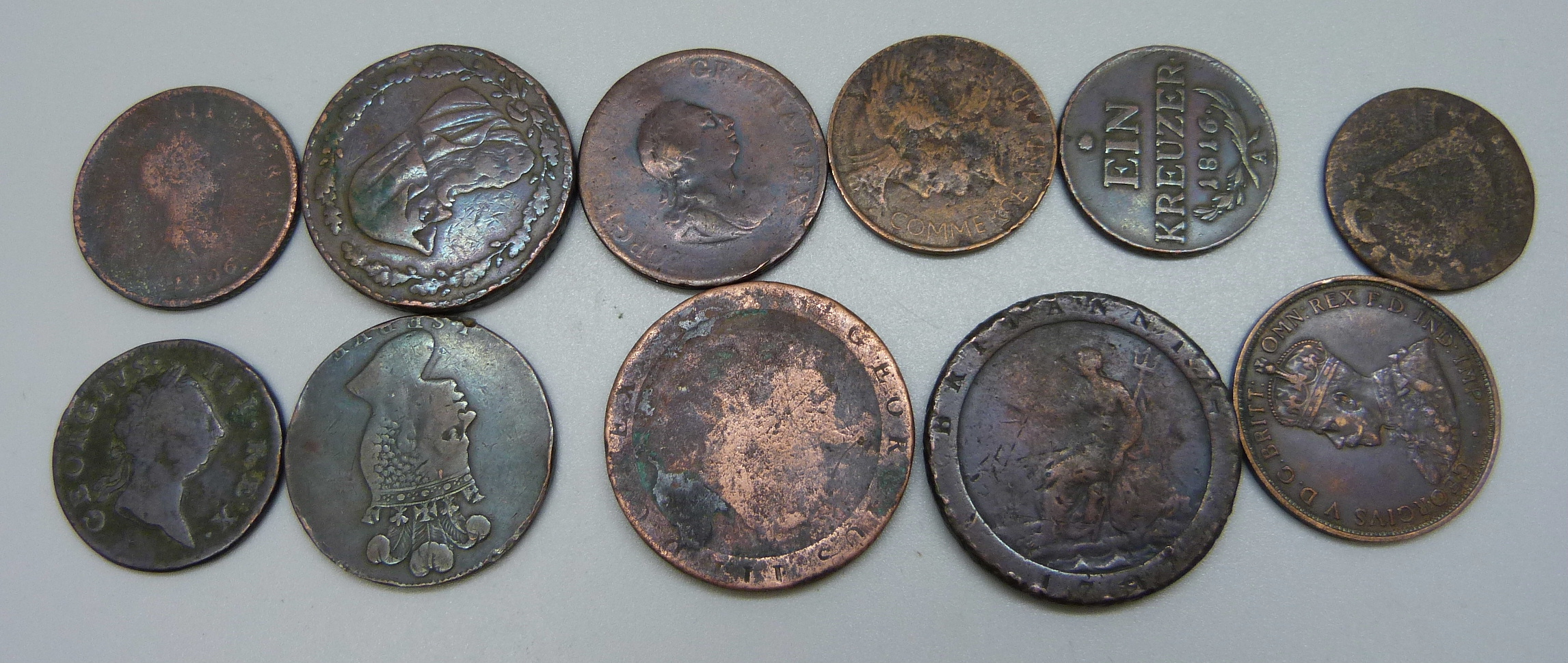 Assorted old bronze including a Barbados penny 1788 and a one penny token 'On Demand in London, - Image 2 of 2