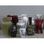 A black and enamel vase decorated with flowers, glass vases, etc.**PLEASE NOTE THIS LOT IS NOT