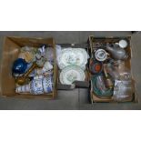 Three boxes of assorted items including Chinese ceramics, an oil lamp, four chemist's bottles,