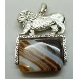 A large silver lion and agate swivel fob, lion 30mm