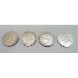 Four silver one shilling coins, 1896 South Africa, 1911, 1928 and 1937