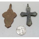 An Edward I (1272) silver penny and two Russian crosses