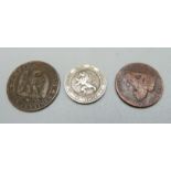 Three coins, 1862 5 Centimes, 1863 5 Centimes and 1870 2 Centimes