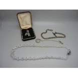 A silver Albert, silver locket and chain, costume brooch and crystal necklet