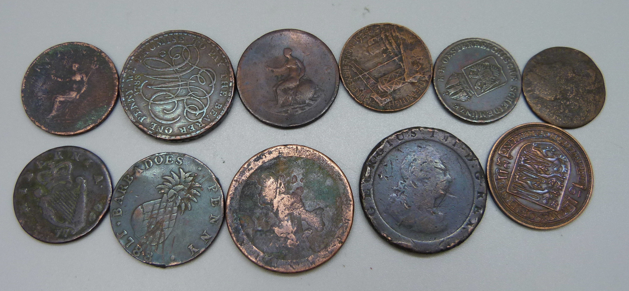 Assorted old bronze including a Barbados penny 1788 and a one penny token 'On Demand in London,