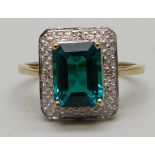 A 9ct gold Art Deco style diamond and green stone ring, stone size 9.09mm x 6.89mm, 2.9g, R