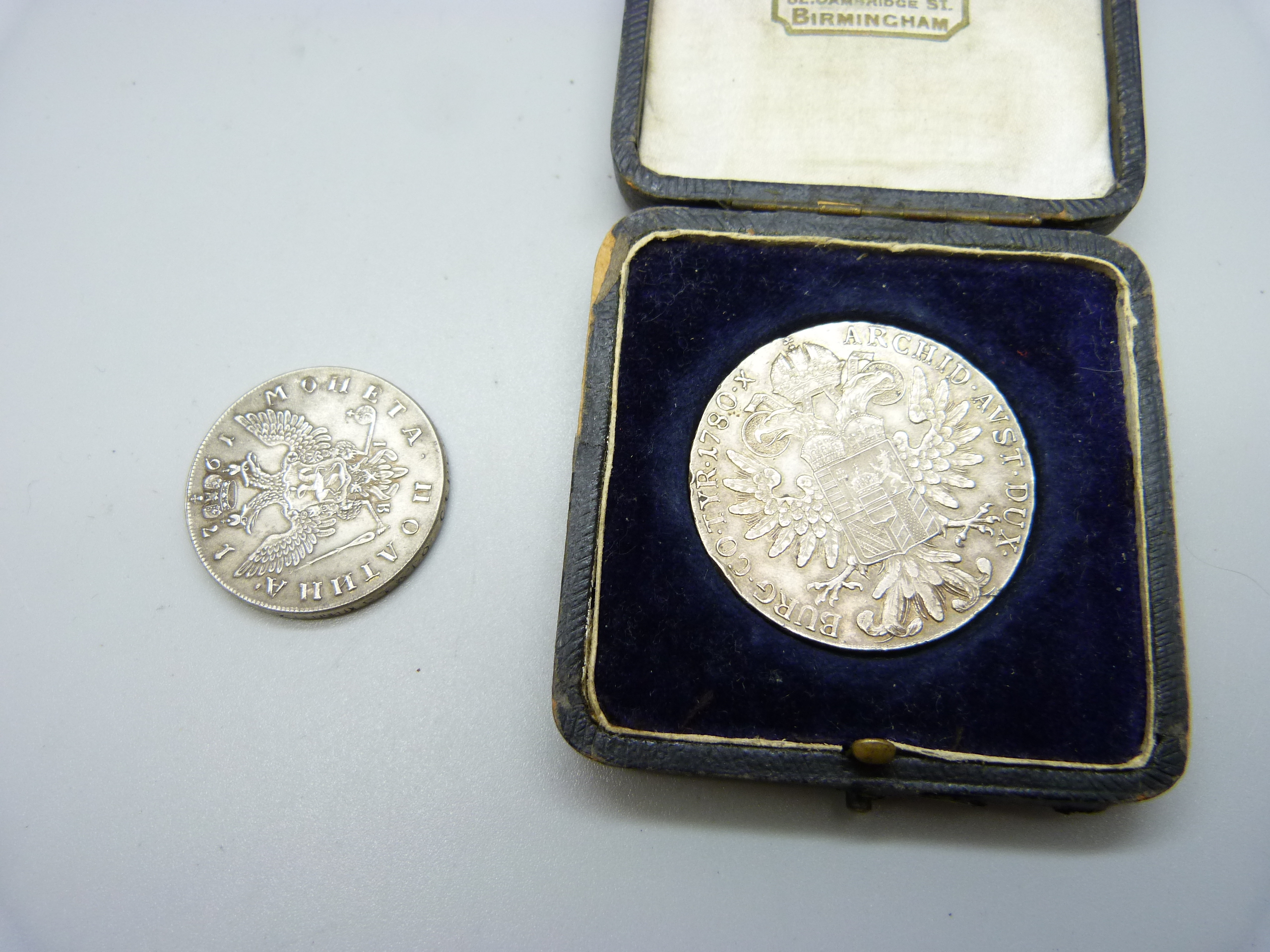 A Maria Theresia 1780 coin and a 1921 Austro-Hungarian coin - Image 2 of 2