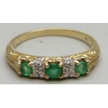 A 9ct gold, green stone and diamond ring, 2.2g, P