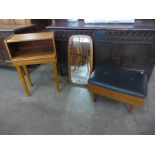 A teak framed mirror, a teak and vinyl stool and a small teak bedside cabinet