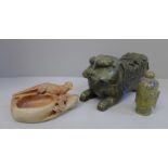 A Chinese dogs of foo carved soapstone box, a carved soapstone bowl with pheasant and a carved