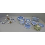 Eight items of Wedgwood Jasperware, two pairs of blue and white bird salt and pepper pots,