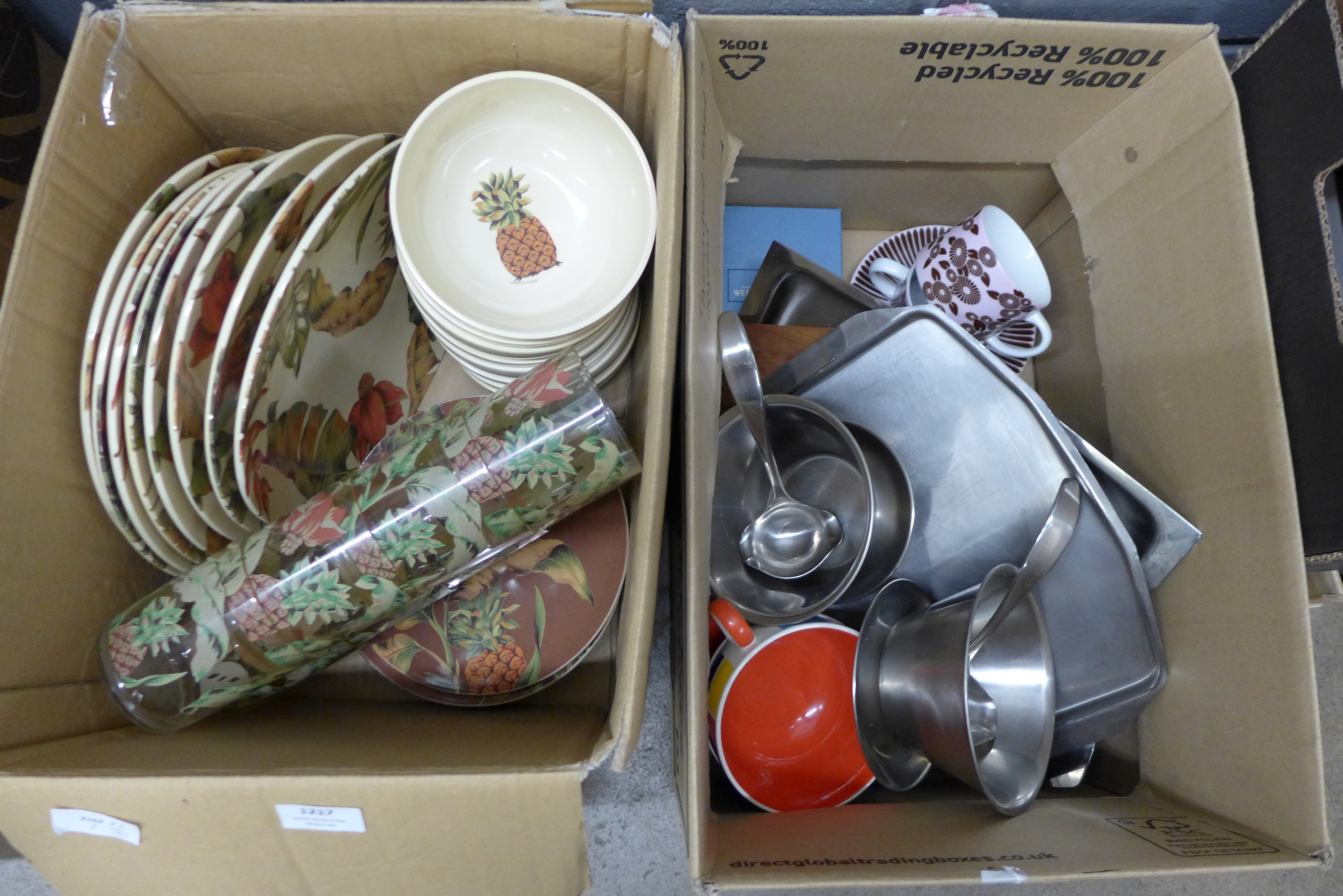 A plastic dinner set, a collection of Whittard's cups and saucers and a metal food service item **