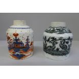 Two 18th Century English decorated tea canisters, no tops, a/f, 10.5cm