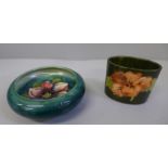 A Moorcroft small green dish, crazed and hibiscus posy holder