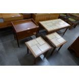 A teak and tiled topped nest of tables and a teak side table