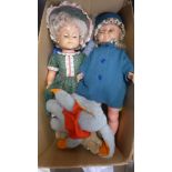 A box of mid 20th Century and later dolls and soft toys