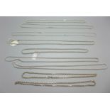 Nine silver chains including belcher, cable and curb link, 156g