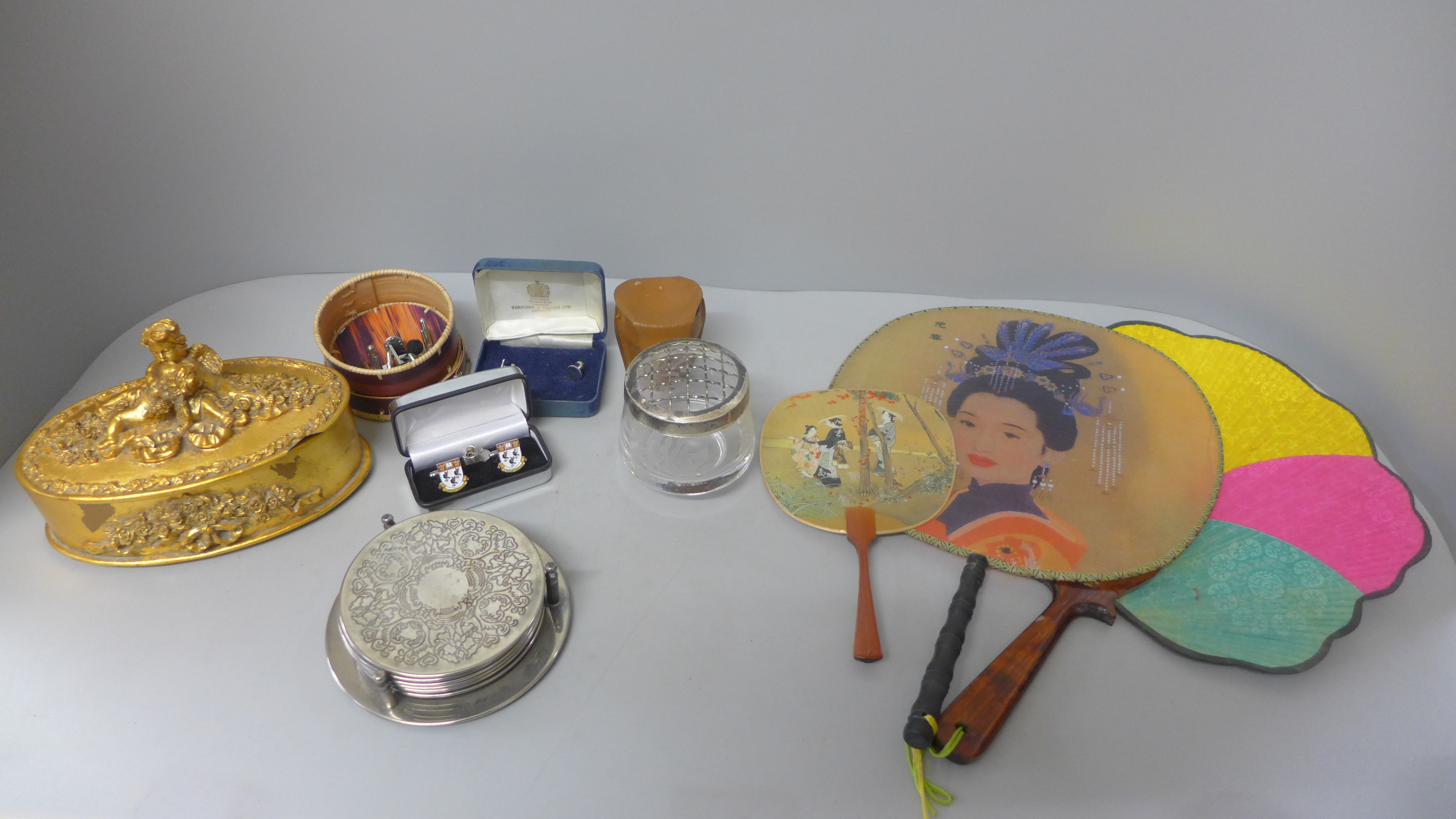A painted gold box, three oriental fans, etc. **PLEASE NOTE THIS LOT IS NOT ELIGIBLE FOR POSTING AND