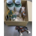 A pair of painted glass vases, two Shire horse figures, two glass vases, etc. **PLEASE NOTE THIS LOT