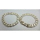 Two silver curb link bracelets, 23cm each, 106g