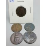 A 1675 farthing, two William IV 1834 coins, a George IV 1825 coin and a George III 1774 coin