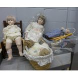 Nine modern dolls, including re-born types, a doll's chair, Moses basket and stand **PLEASE NOTE