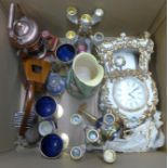 A Tunstall Art Deco jug, a clock garniture, a spirit burner, a small harp, blue glasses, etc. **