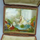 A miniature watercolour painting depicting a classical scene, 6.5cm x 8.5cm, cased, clasp a/f