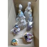 A box of figures, a Goebel figure and Melba ware jug and a box of mixed china