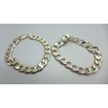Two silver curb link bracelets, 23cm each, 94g