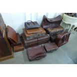 Assorted vintage leather suitcases and bags (13)